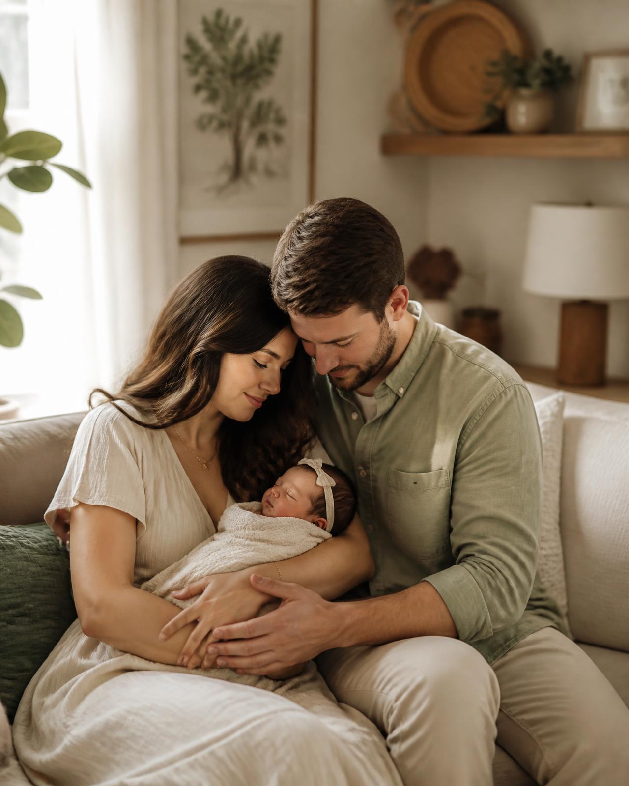 New parents holding their baby together in a softly lit living room