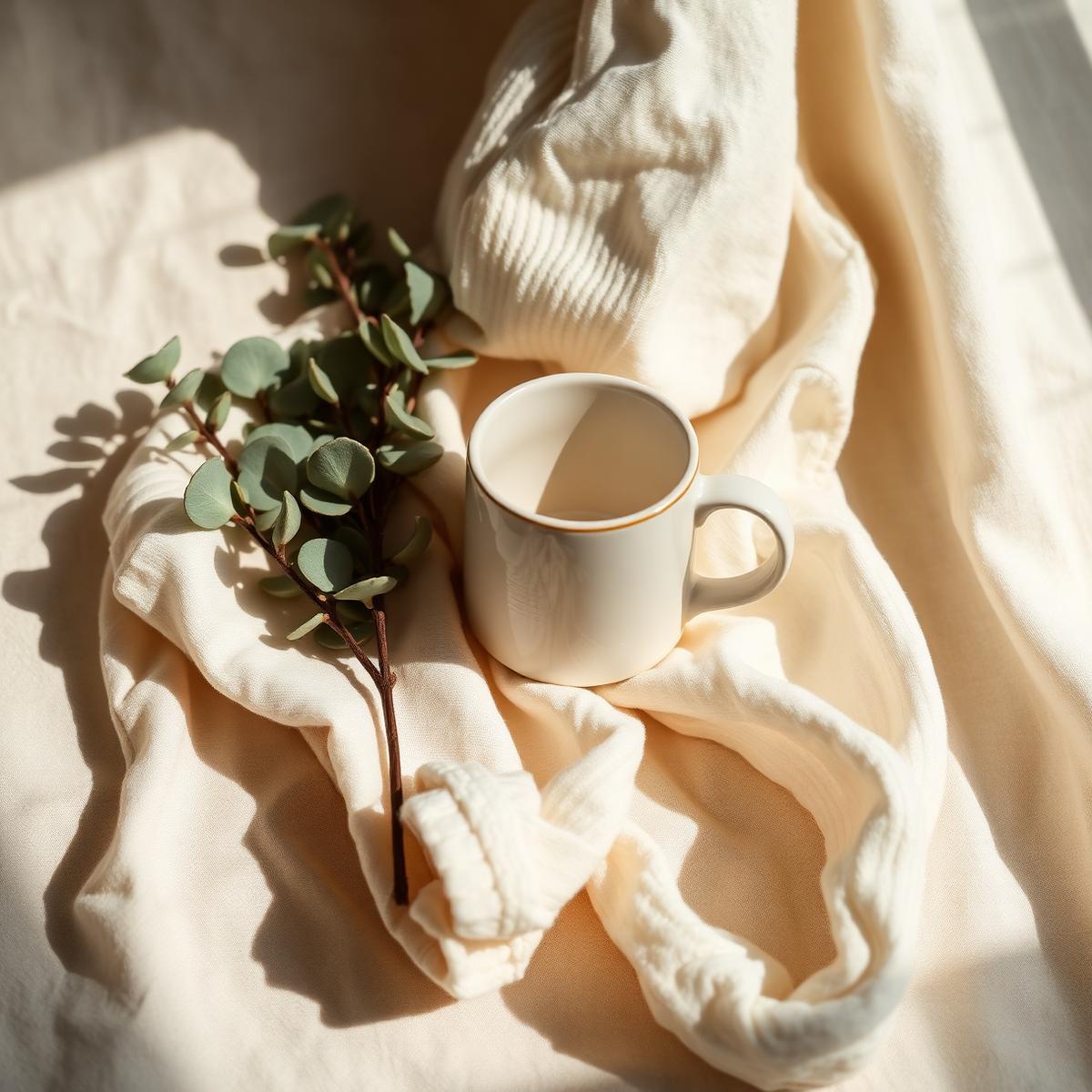 A soft muslin cloth, eucalyptus and a warm mug in morning light